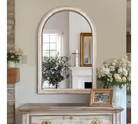 AMOISE Arched Vanity Wall Mirror 36 x 24 Inch Beaded Wood Frame Boho Farmhouse Decorative Mirror for Bathroom Bedroom Entryway Living Room