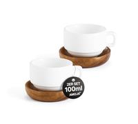 AMOJA Set of 2 Espresso Cups with Saucers - White, 100 ml Thick-Walled Ceramic Coffee Cups, Long Warm, Stackable Design for Cappuccino & Espresso