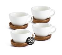 AMOJA Set of 4 Espresso Cups with Saucers - White, 150 ml Thick-Walled Ceramic Coffee Cups, Long Warm, Stackable Design for Cappuccino & Espresso