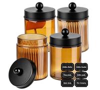 Amolliar 4Pc Apothecary Jars Bathroom Vanity Storage Organizer Set -Countertop Canister with Stainless Steel Lids &Stickers Qtip Dispenser Holder for Cotton Swab (Amber-black Lid, 4 Pack)