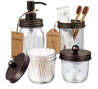 Amolliar Mason Jar Bathroom Accessories Set(4 Pack) -Bronze-Lotion Soap Dispenser&Qtip Holder Set&Toothbrush Holder-Rustic Farmhouse Decor Apothecary Jar Bathroom Countertop,Vanity Organize (Bronze)