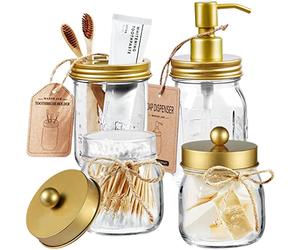 Amolliar Mason Jar Bathroom Accessories Set(4 Pcs) -Lotion Soap Dispenser & 2 Cotton Swab Holder & Toothbrush Holder-Rustic Farmhouse Decor, Countertop Vanity Organize, Bathroom Home Decor (Gold)