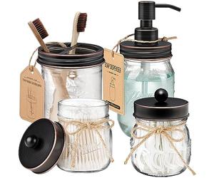 Amolliar Mason Jar Bathroom Accessories Set 4 Pcs -Lotion Soap Dispenser & 2 Qtip Holders & Toothbrush Holder - Rustic Farmhouse Decor, Bathroom Home Decor, Perfect Decorating Idea (Oil Rubbed Bronze)