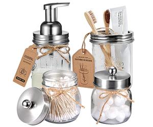 Amolliar Mason Jar Bathroom Accessories Set 4Pc - Foaming Soap Dispenser&2 Qtip Holders&Toothbrush Holder-Rustic Farmhouse Decor Bathroom Organizer Apothecary Jar Country Countertop (Brushed Nickel)