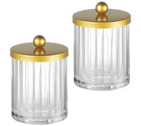 Amolliar Qtip Holder Dispenser for Bathroom, Clear Glass Canister Apothecary Jar for Cotton Swabs, Cotton Balls, Makeup Pads, Floss Picks, Container for Countertop Vanity Storage Organizer,Gold 2 Pack