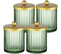 Amolliar Sage Green Glass Qtip Holder Dispenser, Bathroom Canister Apothecary Jar for Cotton Swabs, Cotton Balls, Round Pads, Floss Picks, Countertop Storage Organizer Container for Vanity,Gold 4 Pack