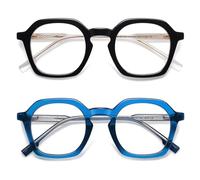 AMOMOMA 2 Pack Retro Square Reading Glasses for Women Men Vintage Blue Light Computer Reading Frame AM6193, C1.black+c4.blue crystal, 47-24-146