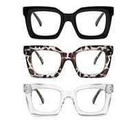 AMOMOMA AM6015 Women Reading Glasses 3 Pack Thick Square Blue Light Block Reading Glasses for Women Men Black/Grey Size 1.00X Ac6.Black+c7.Grey, Ac6.Black+c7.Grey Tortoise+c8.Crystal/Tortoise Temple
