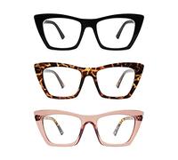 AMOMOMA AM6028 Oversized Reading Glasses for Women Cat Eye Blue Light Computer Reader, Ac1 Blk+c2 Tortoise +C3 Crystal Light Brown, 52-19-145