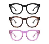 AMOMOMA Retro Square Reading Glasses for Women 3 Pack Blue Light Reading Glasses AM6151, Ac1.black+c2.turtle+c5.crystal purple, 53-21-140