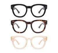 AMOMOMA Retro Square Reading Glasses for Women 3 Pack Blue Light Reading Glasses AM6151, Ac1.black+c2.tortoise+c3.crystal brown, 53-21-140