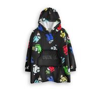 Among Us Boys Wearable Blanket Hoodie | Kids Hooded Fleece Pullover in Black with Multi-Coloured Crewmates & Imposter Character All Over Print | Sherpa Lined Loungewear Mystery Gamer Merchandise Gift