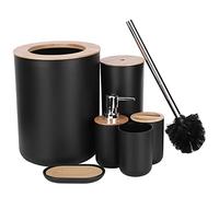 AMONIDA Bathroom Accessories Set, 6Pcs Toothbrush Holder Cup Toilet Brush Waste Bin with Bamboos Wood Design, for Home Hotel Dormitory Apartment