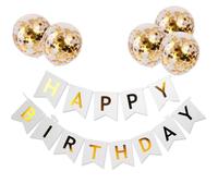AMONIDA Happy Birthday Letters Bunting, Golden Paper Banner with 5 Confetti Balloons, DIY Party Decor for Wall Hanging (20*15cm white gold letters + 5 balloons)