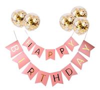 AMONIDA Happy Birthday Letters Bunting, Golden Paper Banner with 5 Confetti Balloons, DIY Party Decor for Wall Hanging (20*15cm pink + 5 balloons)