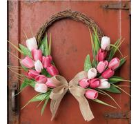 AMONIDA Spring Flower Wreath for Front Door, 15.75in Realistic Easter Wreath, Artificial Flower Summer Floral Wreaths for Door Wedding Wall Outdoor Indoor Decoration (Red Pink White Rattan Hoop)