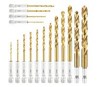 amoolo Hex Shank Drill Bit Set, 16pcs Titanium HSS Twist Impact Drill Bit Set for Metal, Steel, Wood, Plastic, Quick Change Design (1/16”-3/8”)