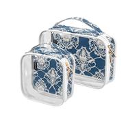 Amooorous 2 Pack Blue and White Lace Floral clear decorative toiletry bag for women TSA approved waterproof small makeup bag Men shaving kit para maquillaje, Blue and white sides, Blue and white lace