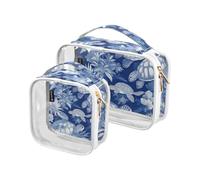 Amooorous 2 Pack Blue and White Turtle Flowers clear decorative travel bag toiletry TSA approved transparent cosmetic travel bags for women Men’s shaving kit de maquillaje para, Blue and white turtle