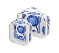 Amooorous 2 Pack Blue Tulipa White Background Oil Painting Style clear decorative mens toiletry travel bag TSA approved water-resistant makeup brush bag travel essential para maquillaje, blue tulipa
