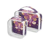 Amooorous 2 Pack Butterfly Purple Golden clear decorative travel toiletry bag TSA approved transparent bags for women travel essential de maquillaje para, butterfly purple golden, One Size