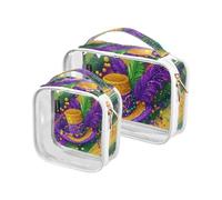 Amooorous 2 Pack Carnival Mardi Gras Yellow Purple Mask clear decorative toiletry bag travel TSA approved water-resistant cosmetic bags for women Men’s shaving kit para maquillaje, Carnival Mardi Gras