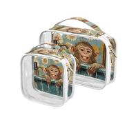 Amooorous 2 Pack Cartoon Cute Yellow Bath Monkey clear decorative toiletry bag small TSA approved water-resistant travel makeup bag travel essential maquillaje, Cartoon cute yellow bath monkey, One