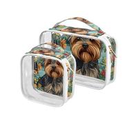Amooorous 2 Pack Cartoon Cute Yorkshire Terrier Dogs Brown clear decorative toiletry bag small TSA approved reusable makeup bag travel Airport Airline Compliant de maquillaje, cartoon cute Yorkshire