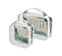 Amooorous 2 Pack Chinese Culture Poetry and Painting clear decorative toiletry bag travel bag TSA approved multifunctional small makeup bag Men shaving set Bolsa de maquillaje, Chinese culture,