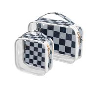 Amooorous 2 Pack Fake Glitter Checkerboard Squares White Navy Blue Clear Decorative Travel Toiletry Bag TSA Approved Transparent Cosmetic Travel Bags for Women Men Shaving Kit Bolsa de, Fake Glitter