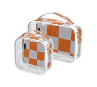 Amooorous 2 Pack Fake Glitter Checkerboard Squares White Orange clear decorative travel toiletry bag TSA approved portable makeup bag travel shaving essentials de maquillaje, Fake Glitter checkerboard