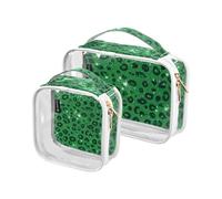 Amooorous 2 Pack Fake Glitter Leopard Print Green clear decorative hanging toiletry bag TSA approved transparent travel cosmetic bag Men’s shaving kit de maquillaje, Fake Glitter Leopard print green,