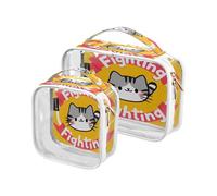 Amooorous 2 Pack Fighting Cartoon Cute Cat clear decorative toiletry bags for TSA approved water resistant travel makeup bags Airport Airline Compliant the maquillaje, fighting cartoon, fight cartoon