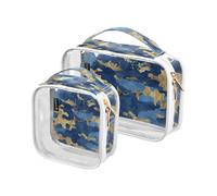 Amooorous 2 Pack Golden Blue Pattern clear decorative toiletry bags for traveling women TSA approved waterproof bag travel cosmetic Airport Airline Compliant maquillaje para, golden blue pattern, One