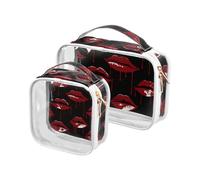 Amooorous 2 Pack Gothic Style Darkness Bleed Lips Red clear decorative travel toiletry kit TSA approved reusable travel makeup bag Airport Airline Compliant maquillaje, Gothic style darkness bleed