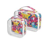 Amooorous 2 Pack Graffiti Art Hearts Stars Sweet clear decorative mens toiletry travel bag TSA approved waterproof cosmetic bag travel Airport Airline Compliant maquillaje, Graffiti art hearts stars