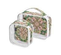 Amooorous 2 Pack Middle Eastern Style Flora Pink and Green clear decorative mens toiletry bag TSA approved portable makeup bag travel travel essential para maquillaje, Middle Eastern style flora pink