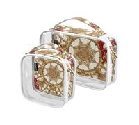 Amooorous 2 Pack Middle Eastern Style Vintage Flower Red and Light Brown clear decorative toiletry bag for women TSA approved waterproof travel makeup bag travel essential maquillaje para, Middle