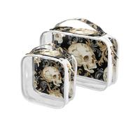 Amooorous 2 Pack Skulls Golden Branches clear decorative toiletry bags for traveling women TSA approved multifunctional bags for women travel essential Bolsa de maquillaje, skulls golden branches, One