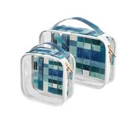 Amooorous 2 Pack Square Geometric Plaid Stripe Embroidery Robin Blue clear decorative toiletry bag men TSA approved waterproof cosmetic bags with zipper Airport Airline Compliant para maquillaje,