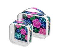 Amooorous 2 Pack Summer Neon Hibiscus Frangipani Flower clear decorative hanging toiletry bag TSA approved water-resistant large cosmetic bags for women Men’s shaving kit Bolsa de almacenamiento,
