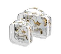 Amooorous 2 Pack White Gold Marble Texture clear decorative small toiletry bag TSA approved transparent cosmetic bags for women travel set shaving essentials de maquillaje para, White gold marble