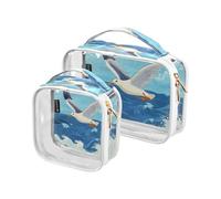 Amooorous 2 Pack White Gull Flying over Sea clear decorative travel bag toiletry TSA approved multifunctional cosmetic bags for women for purse Airport Airline Compliant de maquillaje para, White gull