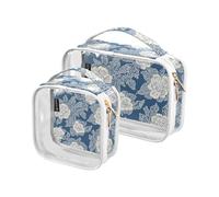 Amooorous 2 Pieces Blue and White Lace Flowers Transparent Decorative Travel Culture Kit TSA Approved Waterproof Makeup Travel Bag Airport Airlines Compliant de maquillaje para, Blue and White Lace