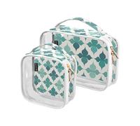 Amooorous 2 Pieces Flat Geometric Pattern Four Pass Pattern Green Transparent Decorative Travel Culture Set TSA Approved Waterproof Small Cosmetic Bag Travel Accessories, Flat Geometric Pattern, Flat