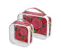 Amooorous 2pcs Cute Cartoon Flowers Rose Transparent Decorative Travel Bag Dressing Table TSA Approved Large Cosmetic Bags for Women Airport Meet Airline Bolsa, Cute cartoon flowers rose, 1 size