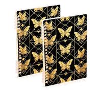 Amooorous A5 size Butterfly Texture Gold Black subject notebooks college 8.3" x 5.7", wire-bound wide ruled spiral notebook 60 sheets for travel&writing 2 pack