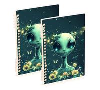 Amooorous A5 size Cartoon Alien Print Head Dark Green ruled notebook paper 8.3" x 5.7", wear-resistant school supplies for college 60 sheets for school&office 2 pack