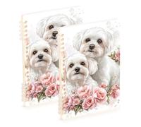 Amooorous A5 size Cartoon Cute Mighty Maltese Dogs White Pink Rose notebook wide 8.3" x 5.7", sturdy subject college ruled spiral 60 sheets for travel&writing 2 pack