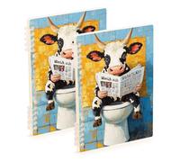 Amooorous A5 size Cartoon Cute White Cow Reading Newspaper subject notebooks 8.3" x 5.7", wire-bound college ruled spiral notebook 60 sheets for working&classroom 2 pack